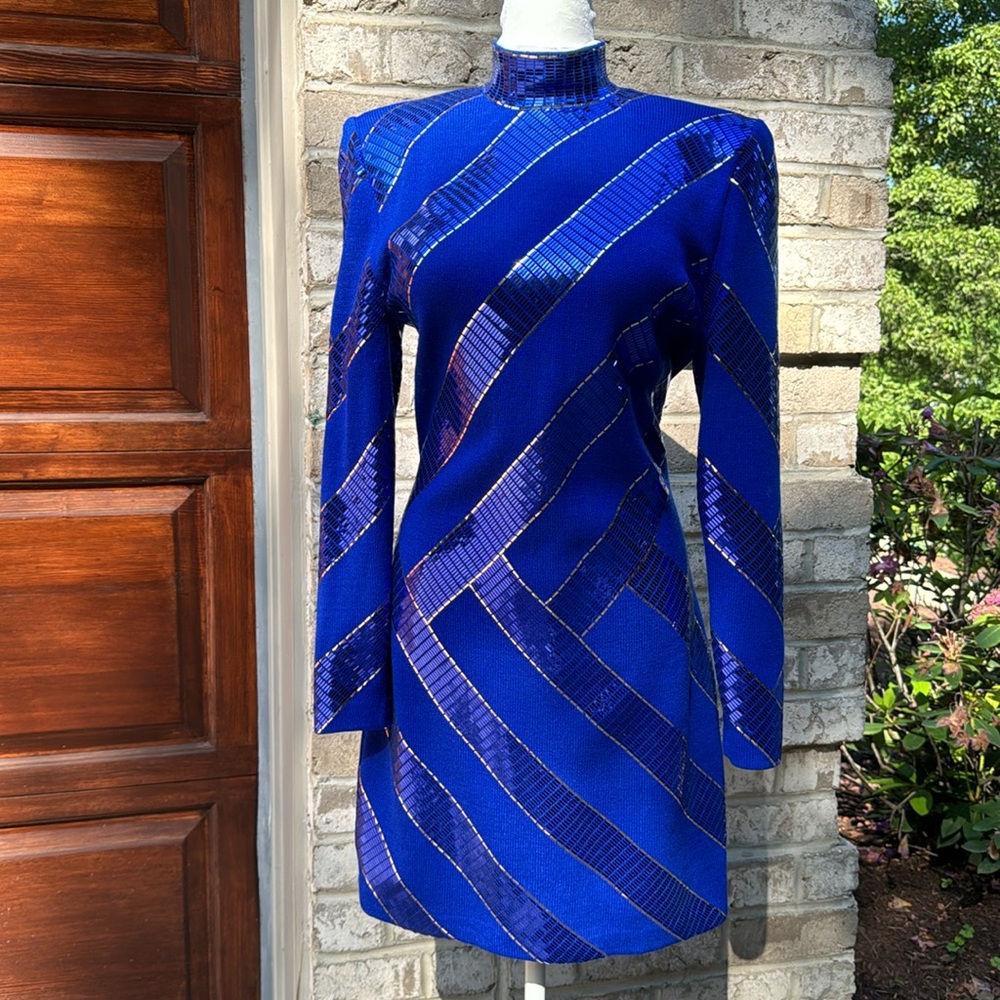 St. John Royal Blue Sequin Striped Cocktail Dress - Picture 7 of 16